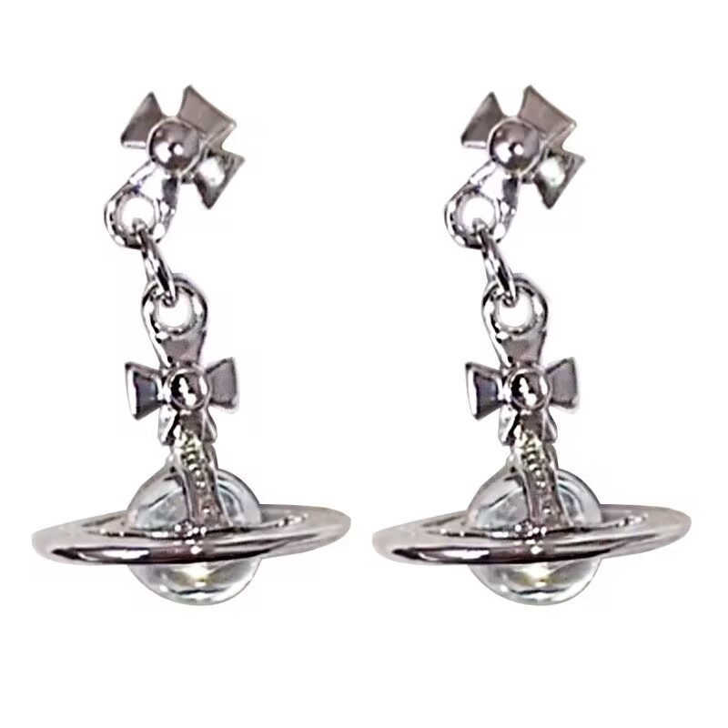 Studörhängen Western Empress Dowager Silver Saturn Vatten droppar Långt mousserande Diamond Crystal Ear Studs Klipp Två Wear Style Fashion For Women Jewelry BQll