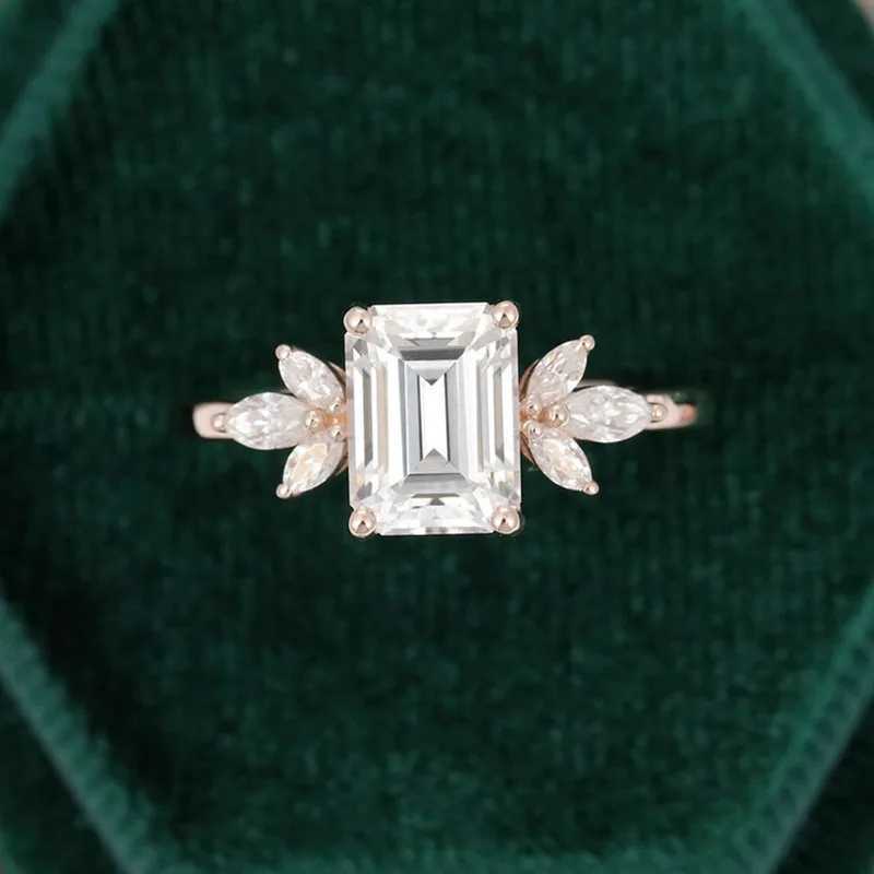 Band Rings CxsJeremy 14K Rose Gold 2ct Emerald Cut 6*8mm Moissanite Engagement Ring Vintage Unique Marquise Cut Cluster Wedding Bridal GiftL240105
