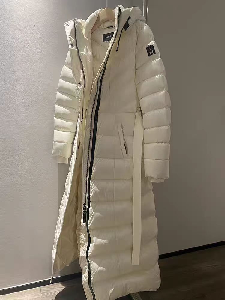 2023 Autunno Inverno donna Piumino d'anatra bianca Parka Giubbotti Cerniera con cappuccio Cintura con coulisse Cappotti lunghi slim da donna MGW003