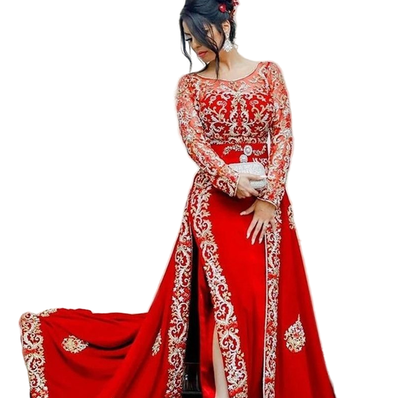 Karakou Algeriet KAFTAN RED ENVIKT KLÄNNG GUDDA ANVÄNDNINGAR Långärmad elegant Arabiska Dubai Prom Party -klänning med avtagbar tågmantel Kändissklänningar