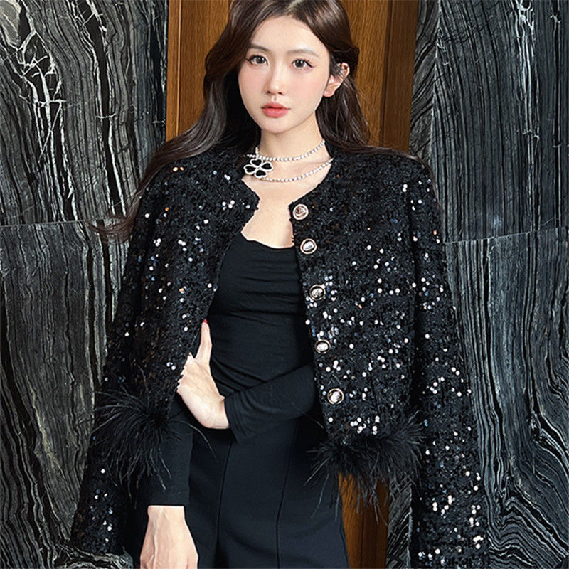 Xiaoxiang Maje – manteau court noir pour femmes, automne/hiver, paillettes, industrie lourde, plumes, pompon, haut en Tweed épais, 2024
