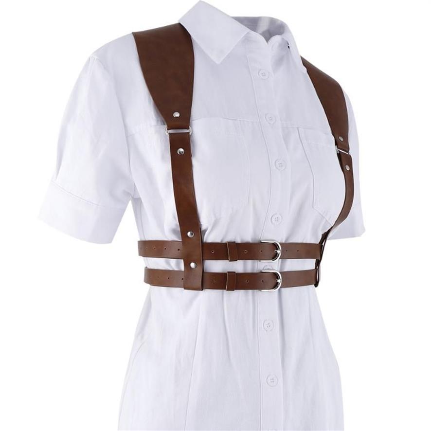 Bälten 2022 Fashion Punk Brown Leather Harness Belt Rand Girdle Sexiga kvinnor handgjorda dekorativa skjorta klänningar Vest253y