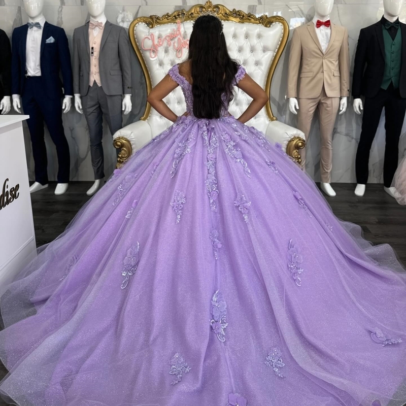 Mexique violet hors de l'épaule robe de bal Quinceanera robe pour fille perlée 3D fleurs appliques robes de fête d'anniversaire robes de bal doux 16