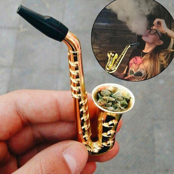 Saxofone trompete forma tubo de fumo de metal com telas filtro de malha novidade itens presente tabaco tubos de mão pacotes de bolha de ervas secas