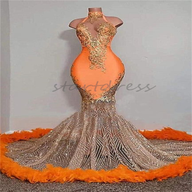 Luxury Black Feather Promowa sukienka dla czarnych dziewcząt kantarka szyi i illusion i illusion Syrenka wieczorna Suknia Orange Plus Size African Special Targe Suknia 2024