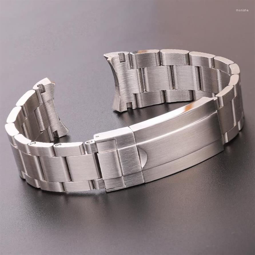 Titta på band 20mm 316L rostfritt stål Watchbands Armband Silver Borstat Metal Curved End Ersättning Link Distribution Clasp Strap260m