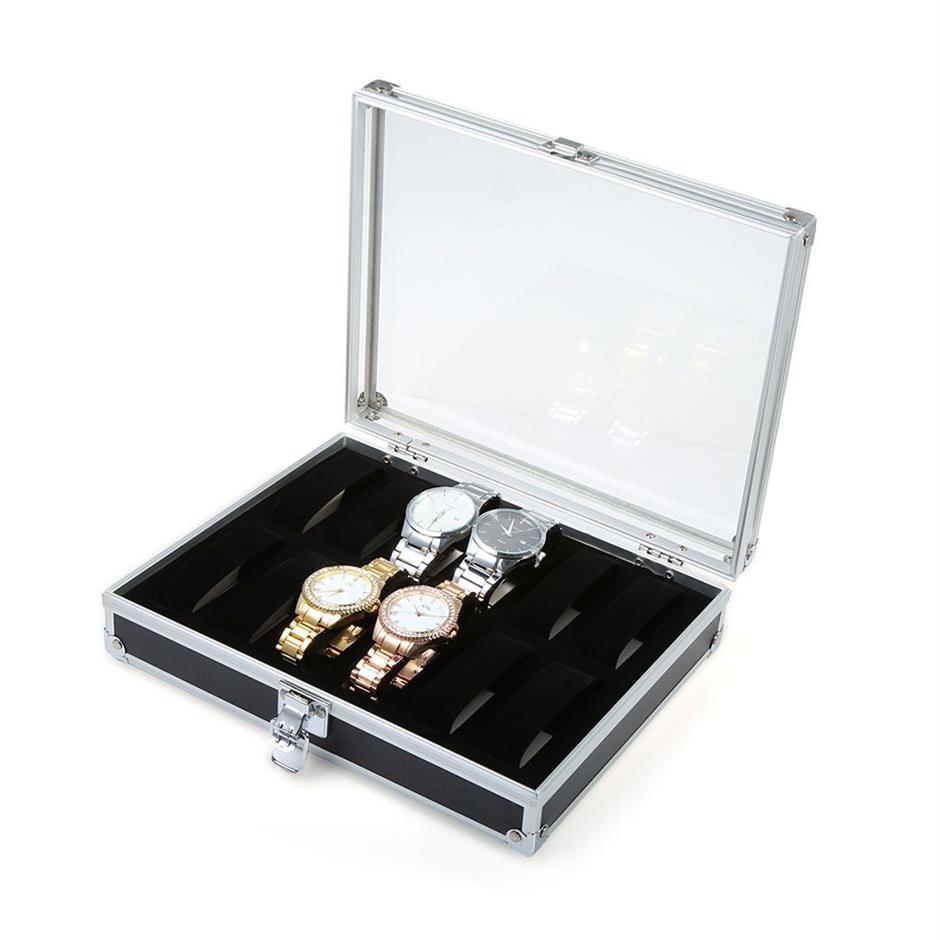 Boîtier de montre pour hommes Argent 12 Grille Bijoux Montres-bracelets Affichage Collection Boîte de rangement Boîtier en aluminium Boîte de montre en verre transparent 224H