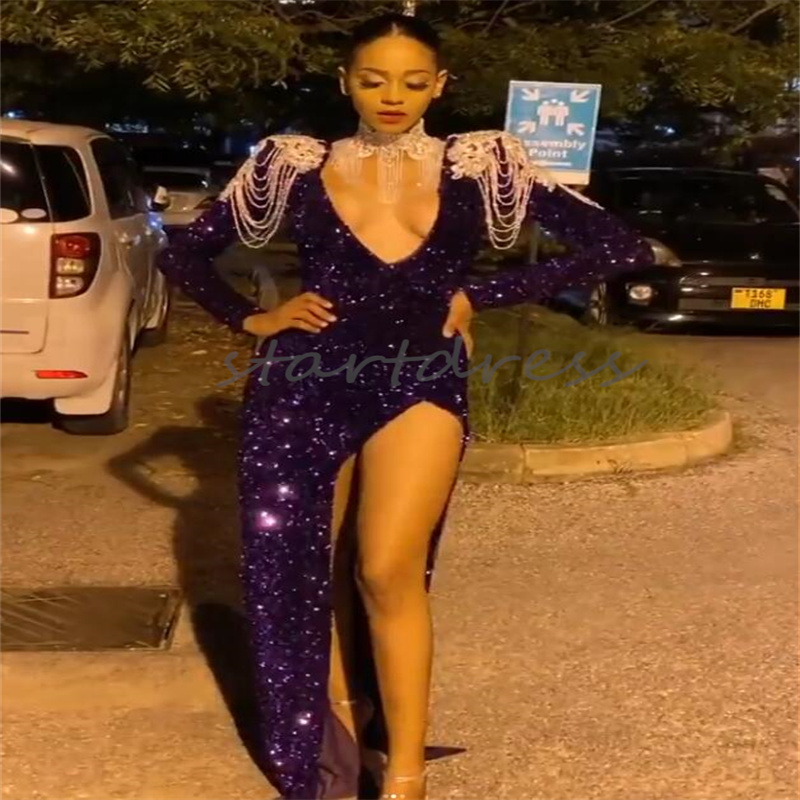 Blask Purple Sequin Dress for Black Girls High Slit Mermaid Plus Size Evening Sukienka z długim rękawem głębokie dekolt V Neck African Specjalne okazje Vestios de Gala 2024