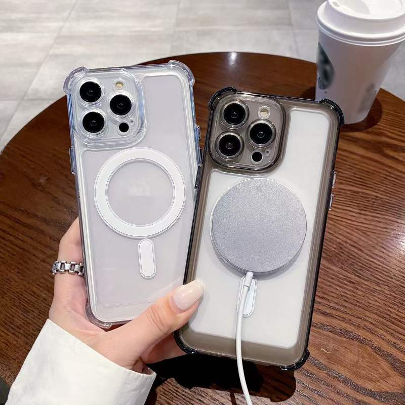 Fyra-hörn anti-fall Clear Magnetic Phone Case för iPhone 15 14 12 11 13 Pro Max för Magsafe Trådlös laddning Magnetiskt hårt lock med kameralinsskydd