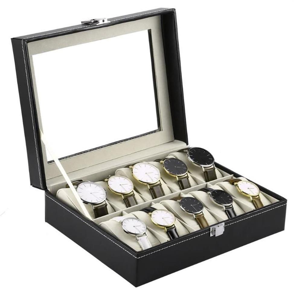 Titta på lådor Fall 10 rutnät Armbandsurlåda Holder PU Läderklockor Display Case Rectangle smycken lagringslådor fo 266n