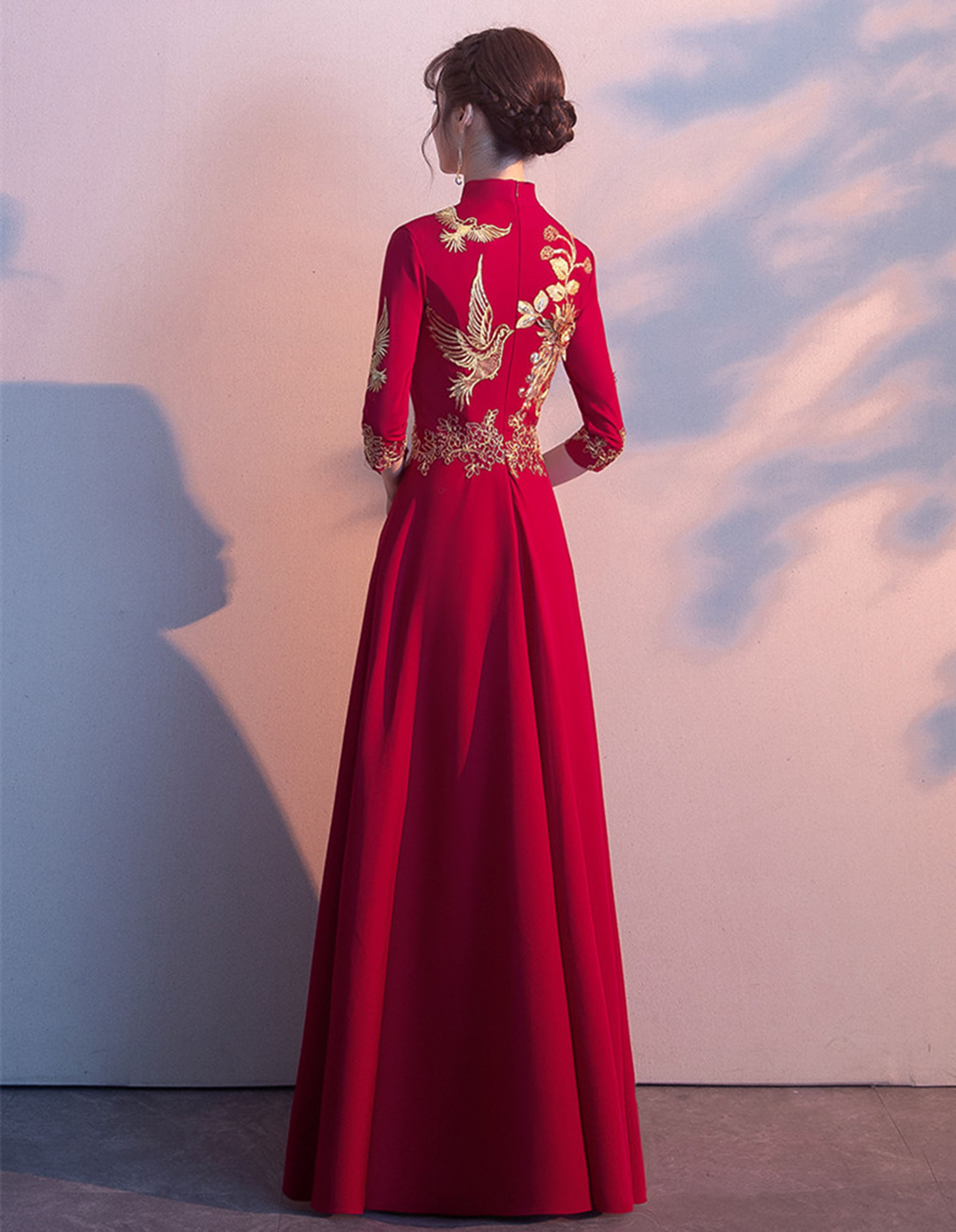 Vin rouge longue mariée chinoise Cheongsam robe de mariée une ligne femmes chinois cérémonie du thé Qipao dame robe de soirée