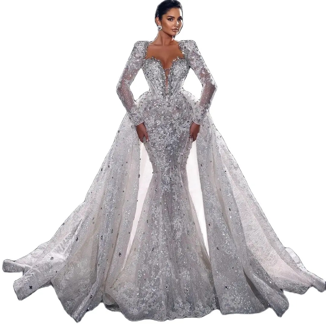 Luxo cristal sereia vestidos de casamento diamante vestidos de noiva destacável trem ilusão manga longa frisado v pescoço varredura trem robe