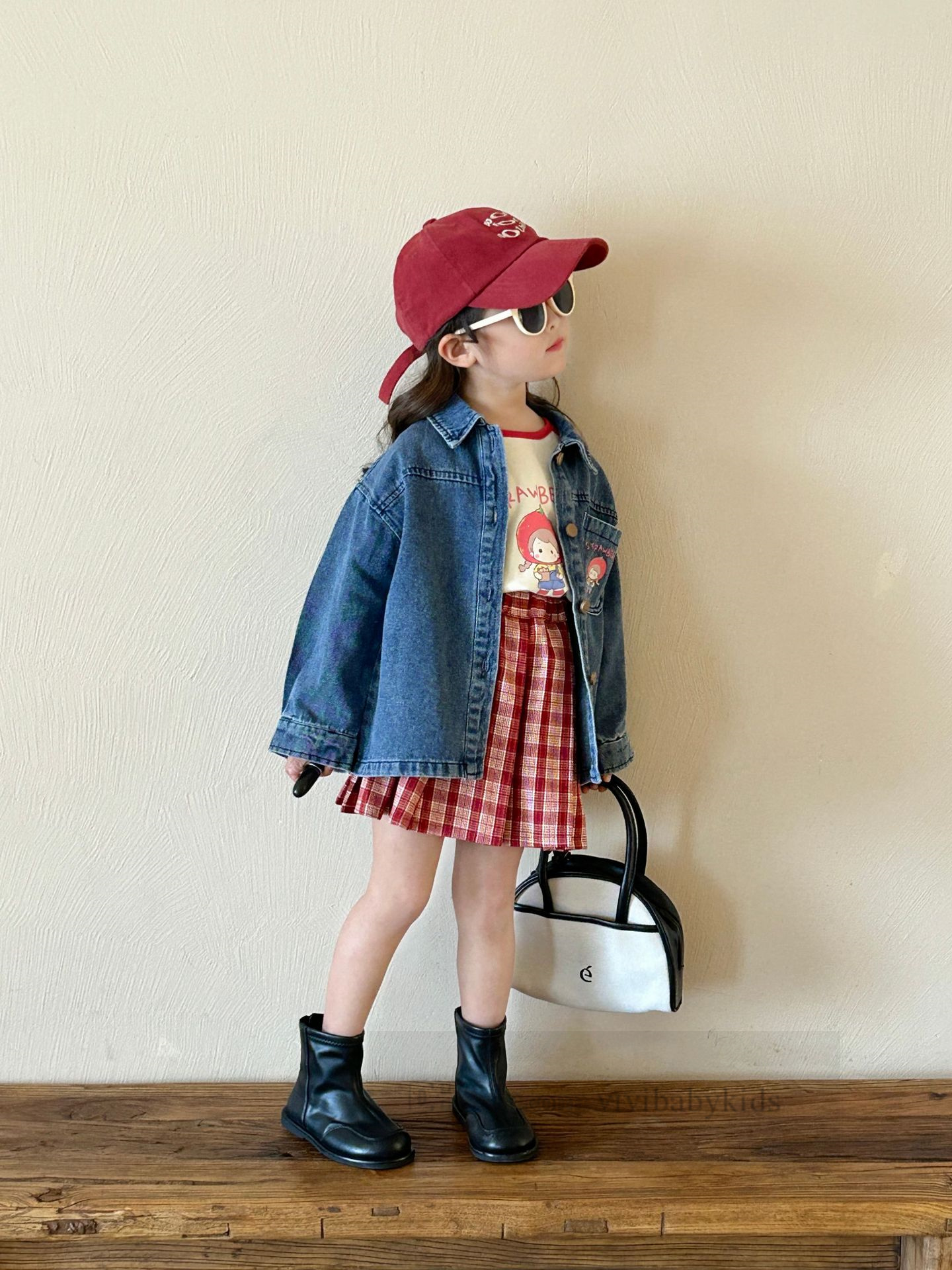 Kids cartoon printed denim jacket boys girls lapel long sleeve baseball uniform 2024 spring children plaid pleated skirt Z6585