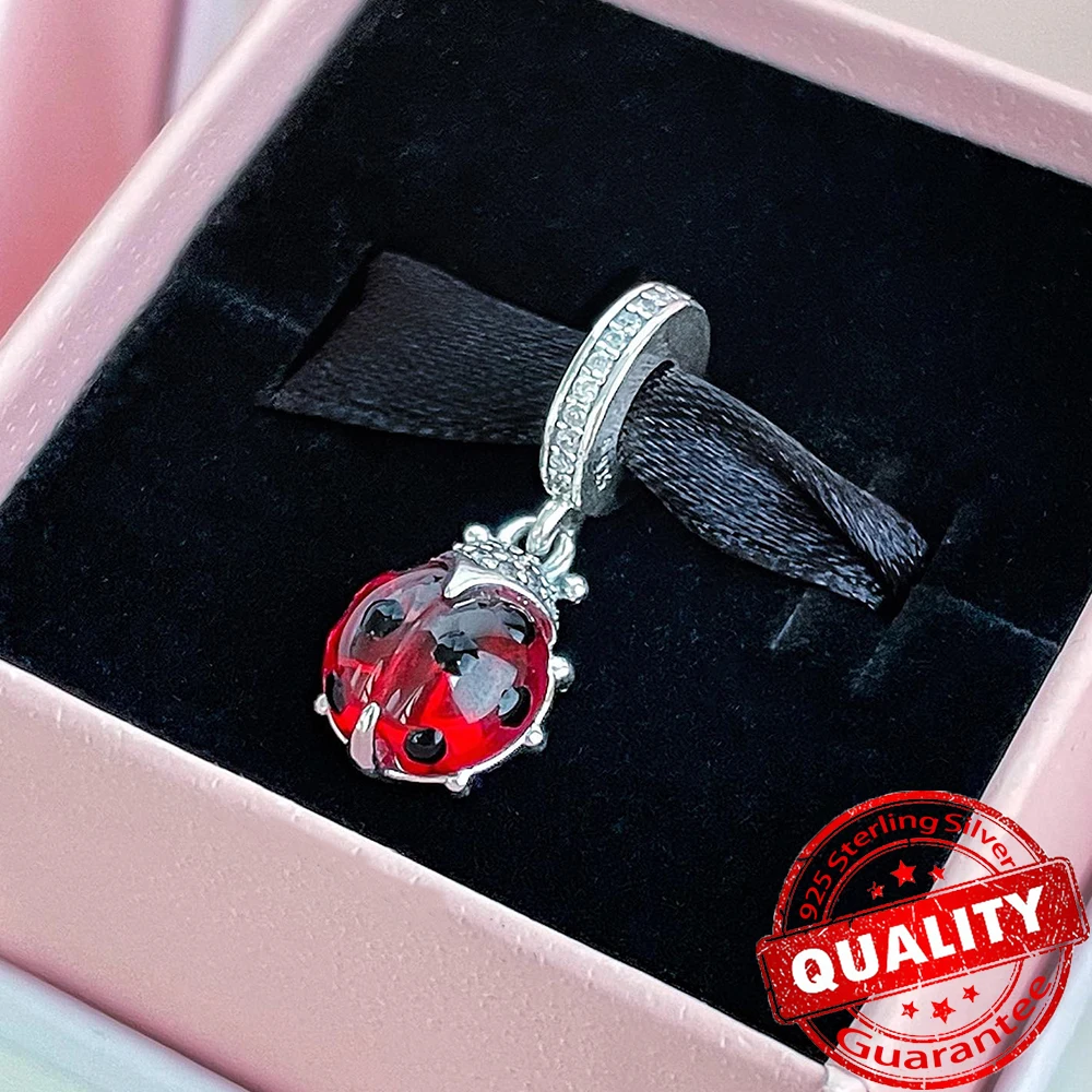 925 Sterling Silver Red Ladybird Murano Glass Dingle Charm för original Pan Armband DIY Girls Fine Jewelry Gift