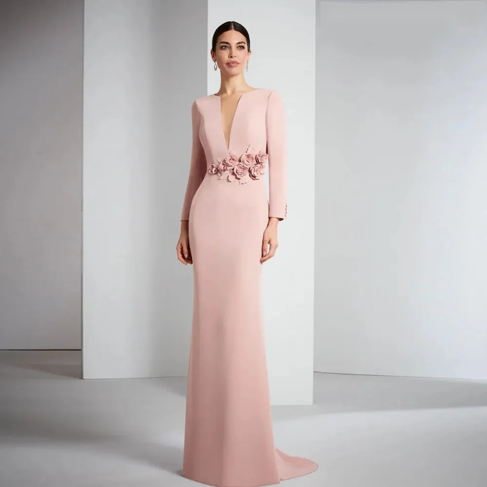 Elegant Pink Mother of the Bride Dress 2024 V Neck Long Sleeves Wedding Party Gowns 3D Flowers Floor-Length Robe De Fete De Mariage