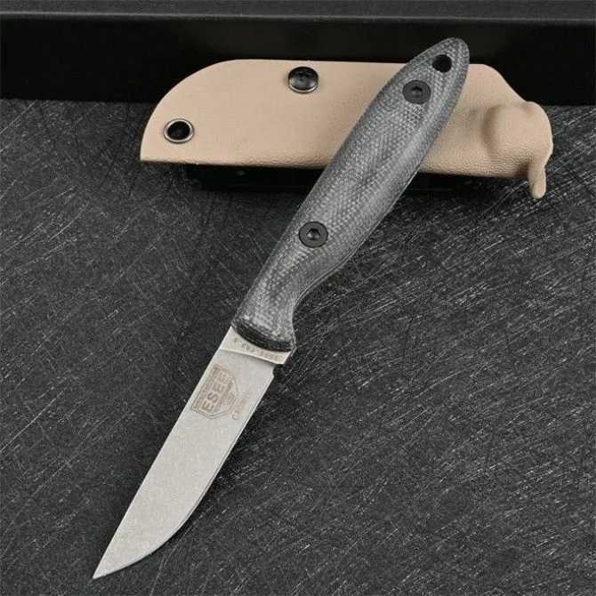 Knife Stonewashed DC53 Steel Fixed Blade Self Defense ESEE Outdoor Survival Hunting Knife EDC Tactical Military Gear with Kydex Sheath