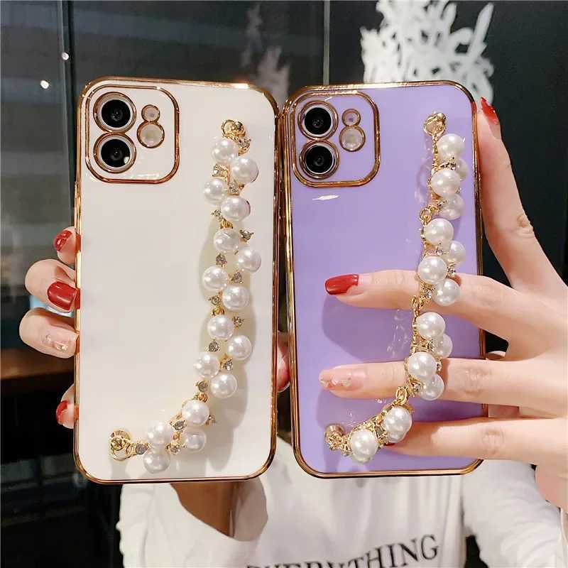 Mobiele Telefoon Gevallen Plating Parel Armband Ketting Zachte Case Voor iPhone 15 13 14 12 Pro Max 11 XS X XR 7 8 Plus Glitter Siliconen CoverL240105