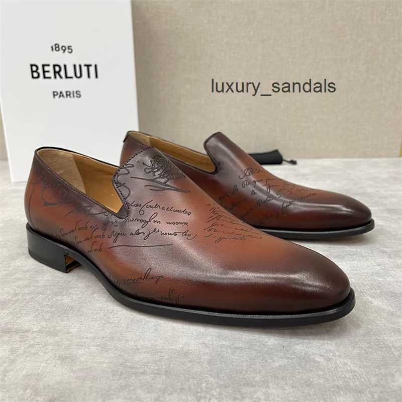 Berluti Men's Dress Leather Shoes Casual Berluti/brutti Men's Shoes Formal Leather Shoes Low Cut Leg Loafers One Foot Scritto Pattern OSA2