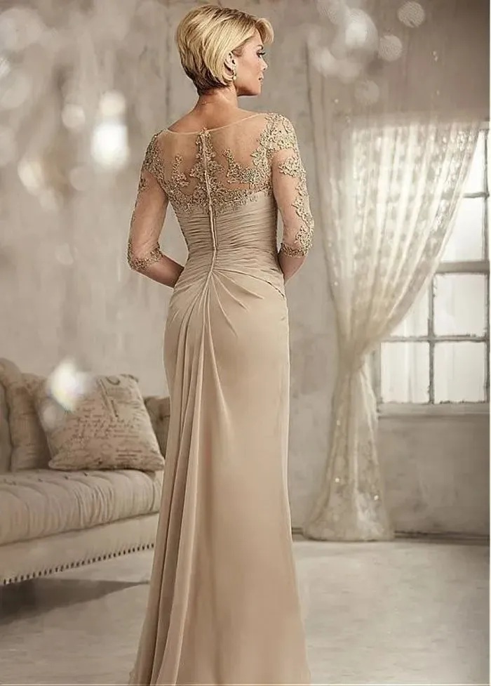 Elegant Champagne Mother of The Bride Dress 2024 Plus Size Scoop Beaded Lace Chiffon Half Sleeves Groom Wedding Party Gown