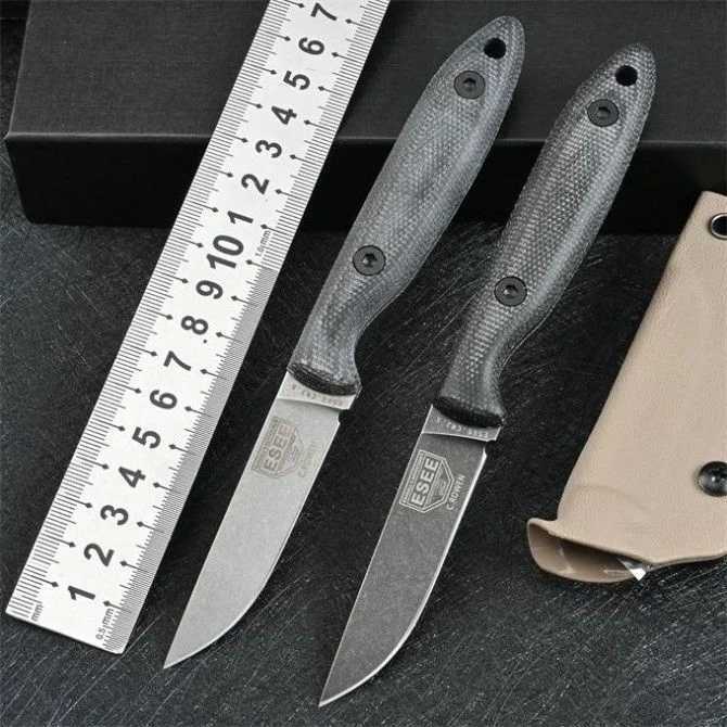 Knife Stonewashed DC53 Steel Fixed Blade Self Defense ESEE Outdoor Survival Hunting Knife EDC Tactical Military Gear with Kydex Sheath