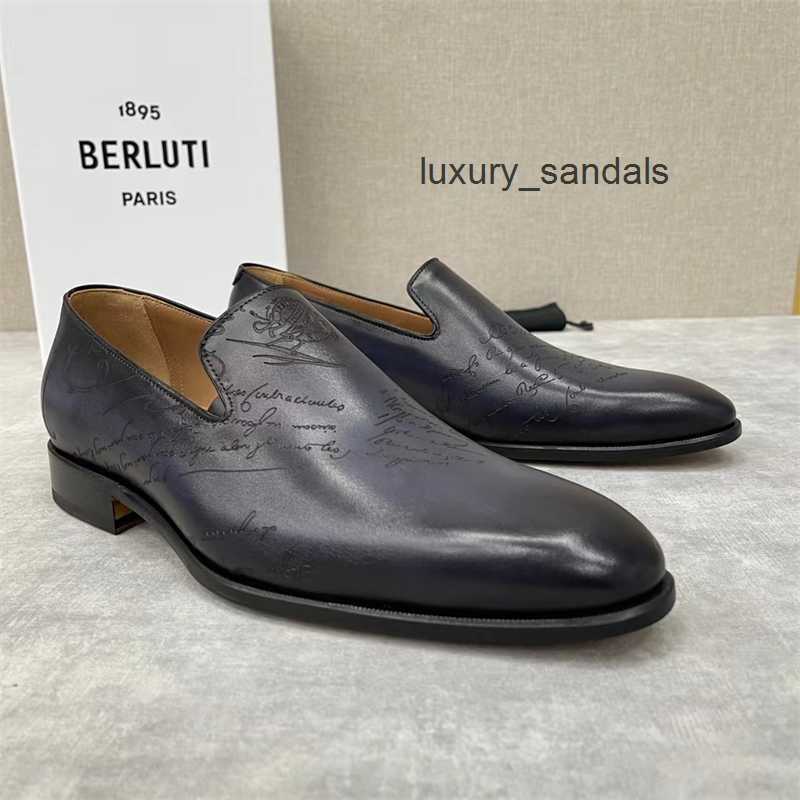 Berluti Men's Dress Leather Shoes Casual Berluti/brutti Men's Shoes Formal Leather Shoes Low Cut Leg Loafers One Foot Scritto Pattern OSA2