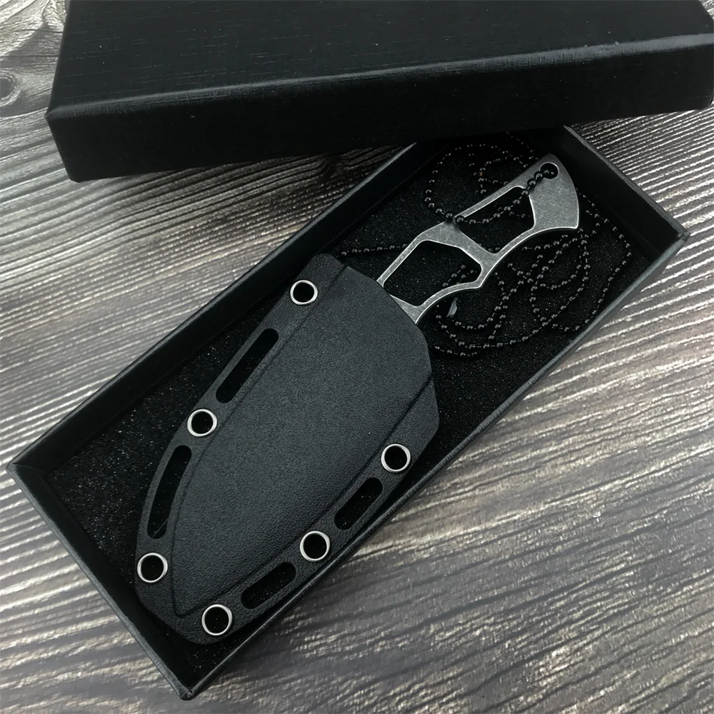 5.7 Inch Tactical Fixed Blade Knife with Chain One-Piece Stone-Washed Stainless Steel Self Defense Jungle Survival Knife EDC
