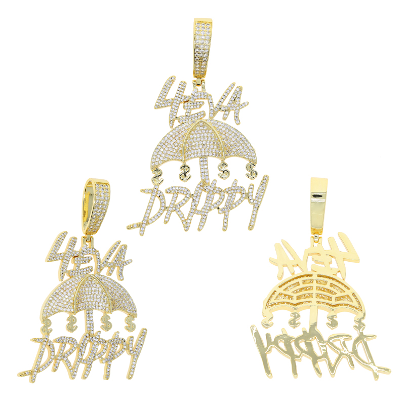 Special Designer 4eva Drippy Lettera Ombrello US Dollar Sign Collana con ciondolo con ciondolo con catena in corda Hip Hop Donna Uomo Completa pavimentata 5A Cubic Zirconia Boss Uomo Gioielli regalo