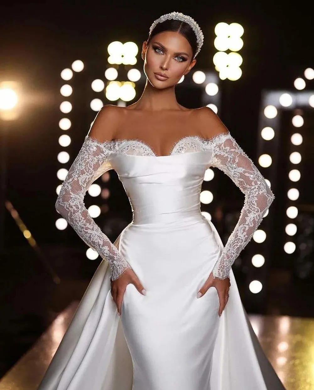 Robe de mariée sexy en satin à épaules dénudées avec train détachable chérie manches longues en dentelle Mermiad femmes robes de mariée formelles robes de mariée