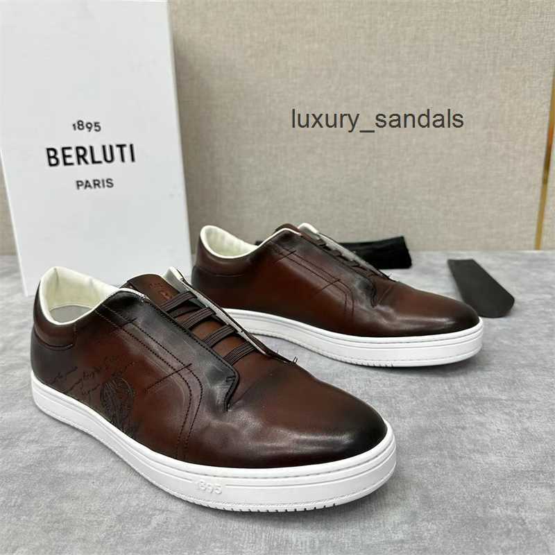 Berluti Men's Dress Leather Shoes Casual Berluti/bruti Men's Shoes Fashionable and Trendy Sports Shoes Low Top Tattoo Hooded Casual Shoes Board Shoes 403O