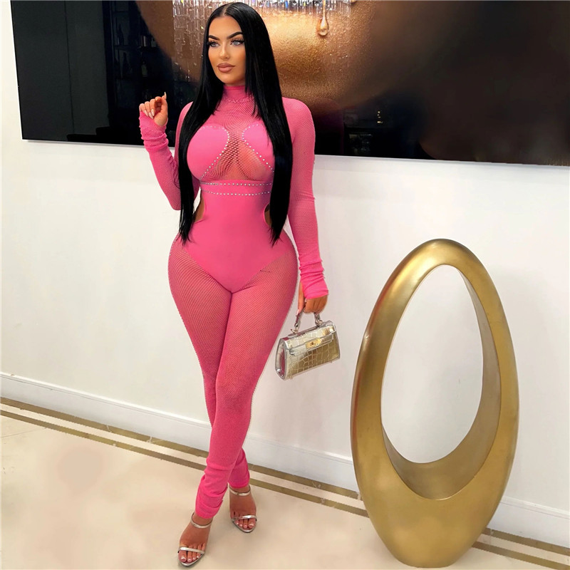 2024 Designer Sexig Mesh Patchwork Jumpsuits Women Spring BodyCon Rompers Långärmning Se genom leggings overall Party Night Club Wear Wholesales Clothing 10500