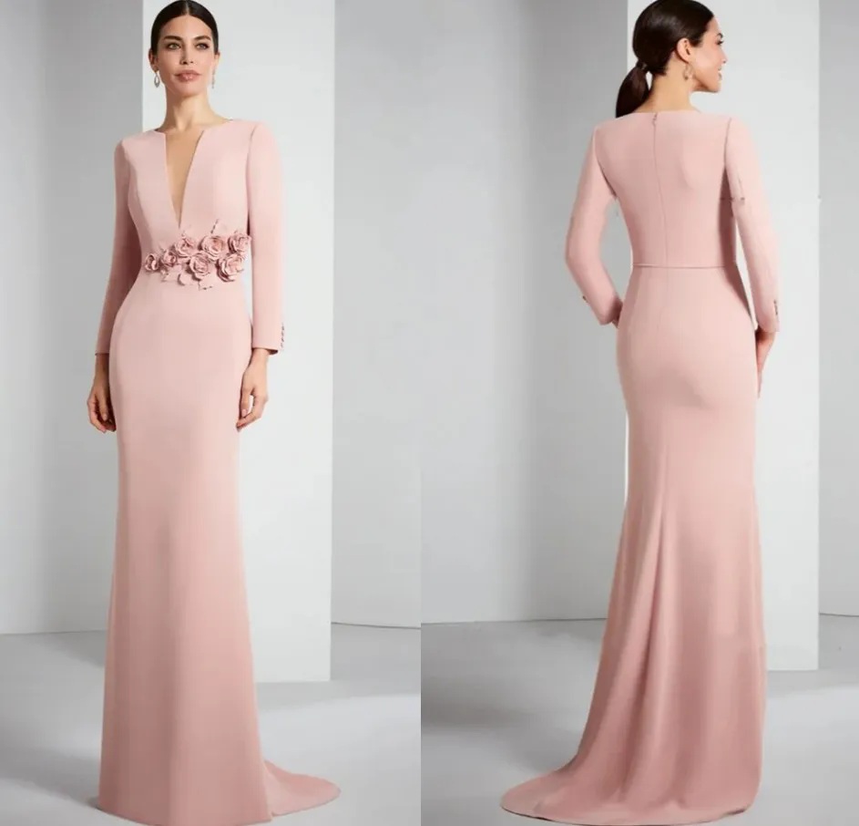 Elegant Pink Mother of the Bride Dress 2024 V Neck Long Sleeves Wedding Party Gowns 3D Flowers Floor-Length Robe YD