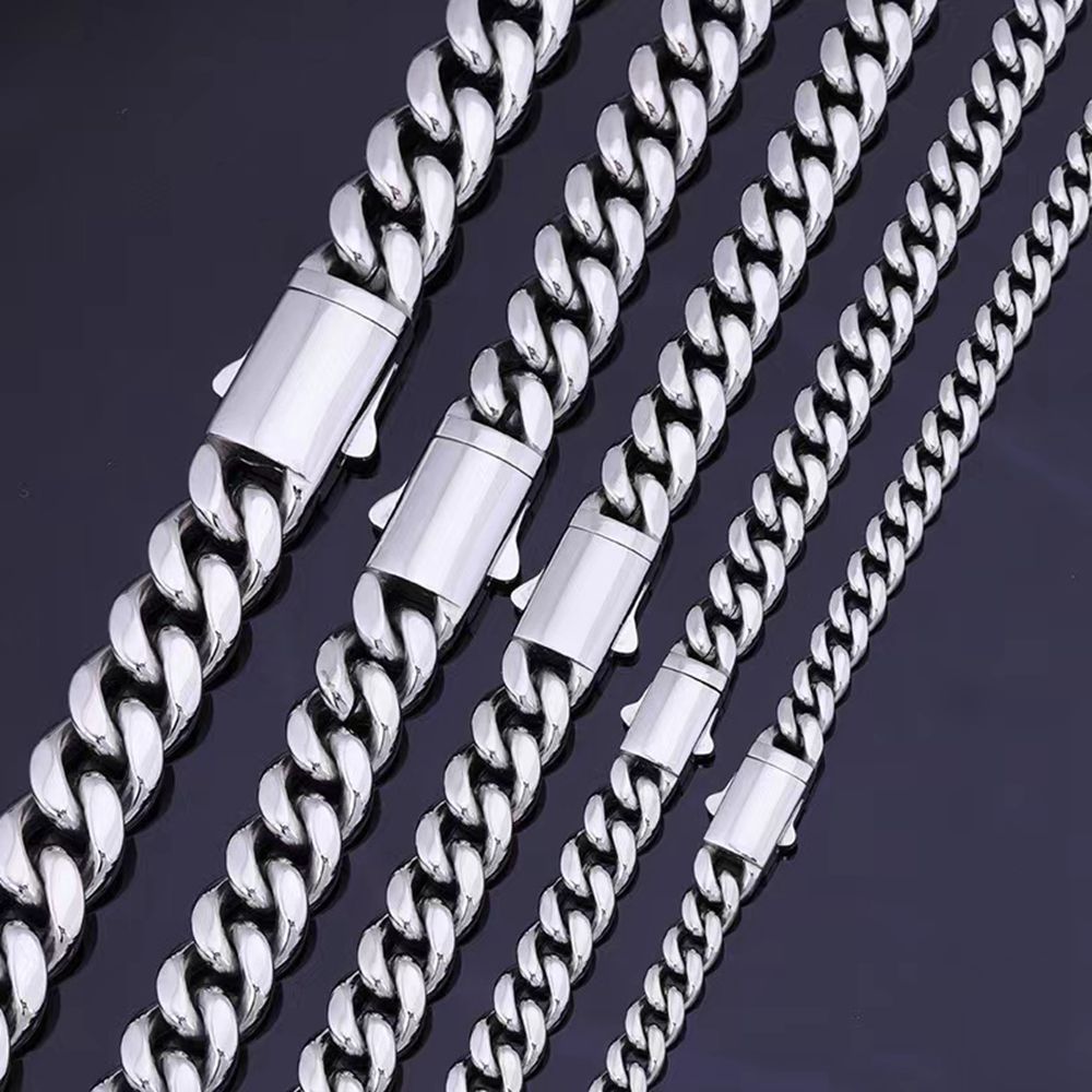 6mm-14mm Hip Hop Stainless Steel Silver Miami Cuban Link Chain Necklace Smooth Gold Plated Accessories Jewelry Set