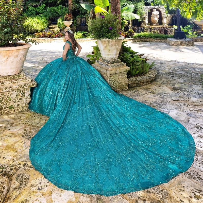 Verde esmeralda quinceanera vestidos princesa vestido de baile doce 16 vestido fora do ombro 3d apliques florais inchado vestido de baile aniversário