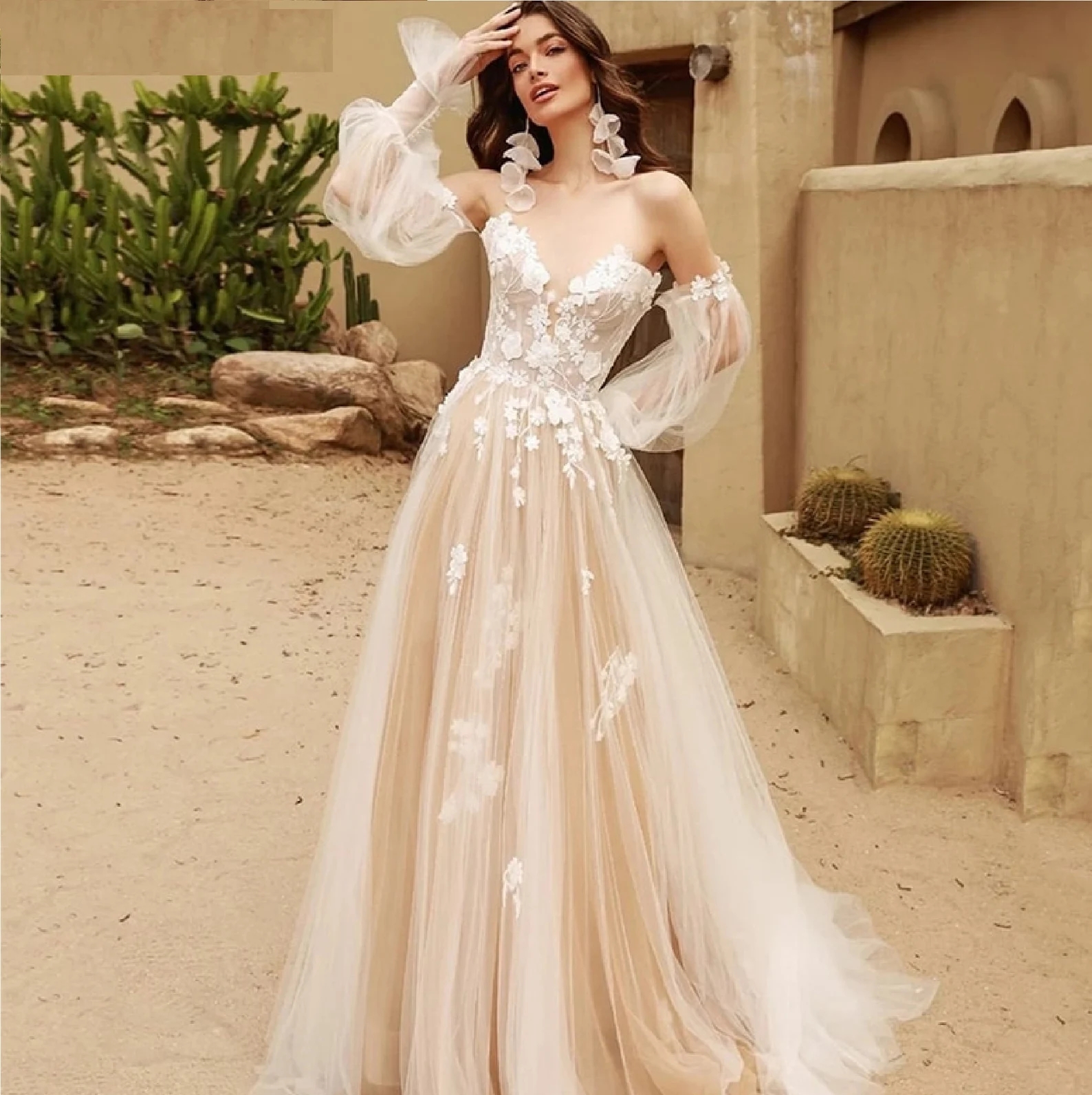 Bohemian Champagne Tulle A Line Wedding Dresses With Removable Long Sleeves Floral Lace Appliqued Bridal Gowns Sexy Sweetheart Bride Vestidos De Novia CL3179