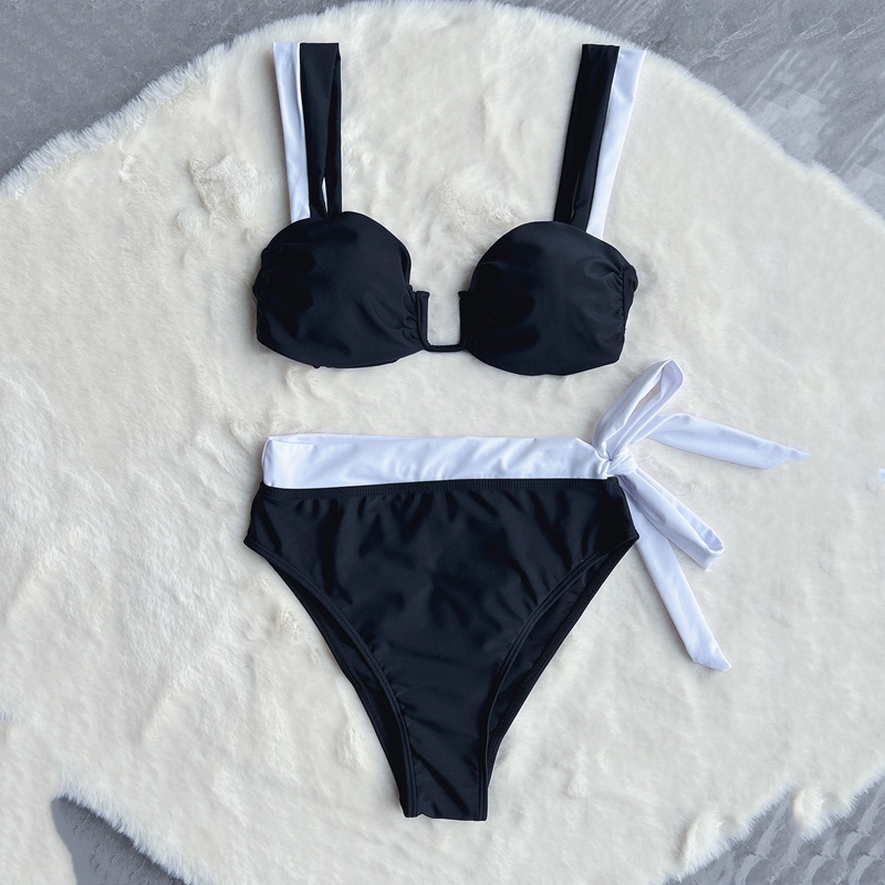 ARXIPA Costume da Bagno Donna a Due Pezzi Bikini Sexy a Vita Alta Costume da Bagno Push Up Imbottito con Scollo a U Patchwork Perizoma Nero Bianco con Fiocco