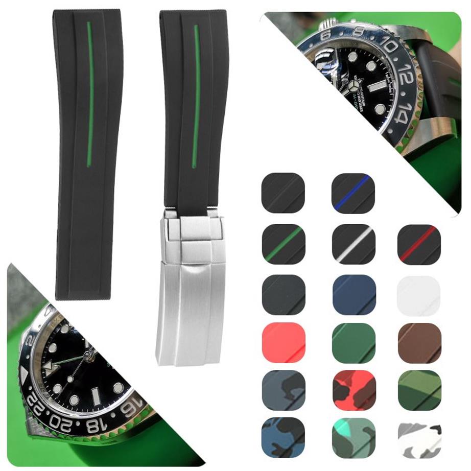 Gummi klockband rostfritt stål vik spänne klocka band rem för gmt oysterflex armband klocka man 20 mm röd svart blå röd brun254n