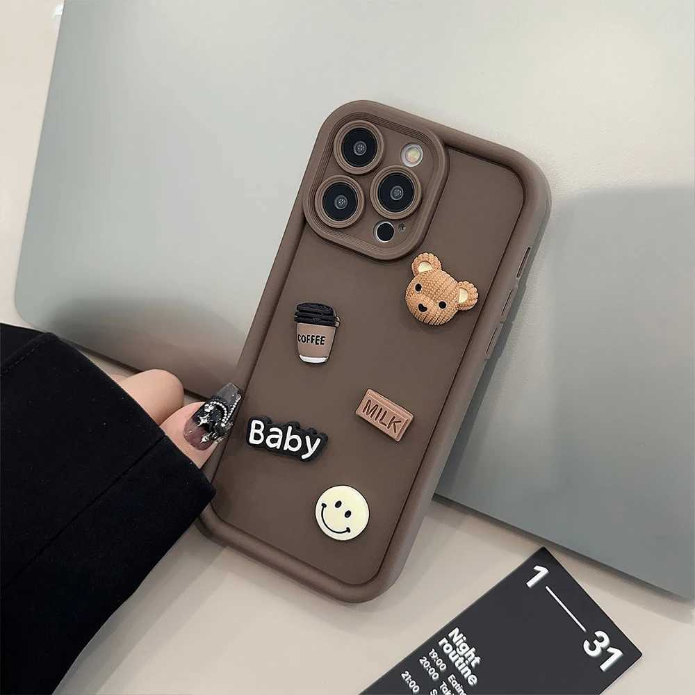 Obudowy telefonu komórkowego Śliczna kreskówka 3D Bear Coffee Milko czekoladowa obudowa na iPhone 15 14 13 12 11 Pro Max Xs Max XR 7 8 Plus miękkie silikonowe okładka 240105