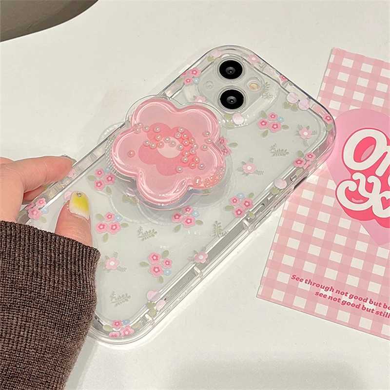 携帯電話ケースiphone 15 14 12 13 11 Pro max Plus Ins Korea Girl Stand Floral Clear Soft Coverl240105用のかわいいクイックアンドピンクフラワーホルダー電話ケース