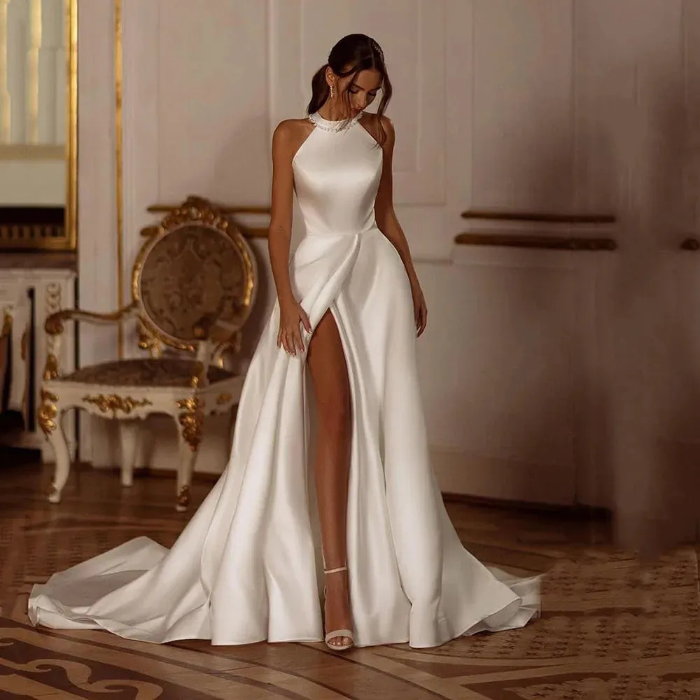 Modern 2024 A-Line Wedding Dresses Halter Neck Bow Sexy Pearls Side Split Satin Princess Bride Bridal Gowns Robe De Mariee Vestidos De Novia