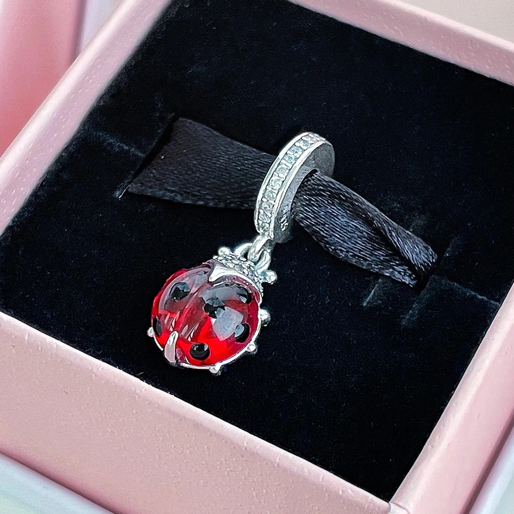 Autentico ciondolo pendente in vetro di Murano con coccinella rossa in argento 925, adatto bracciale originale Pan, regalo di alta gioielleria ragazze fai da te