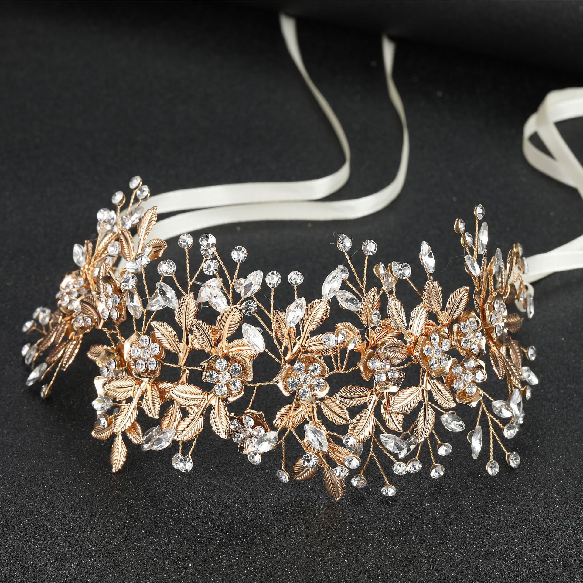 Argento oro foglia fiore copricapo da sposa lusso strass da sposa fascia capelli sposa pezzi gioielli fiore di cristallo accessori capelli ragazza AL9534