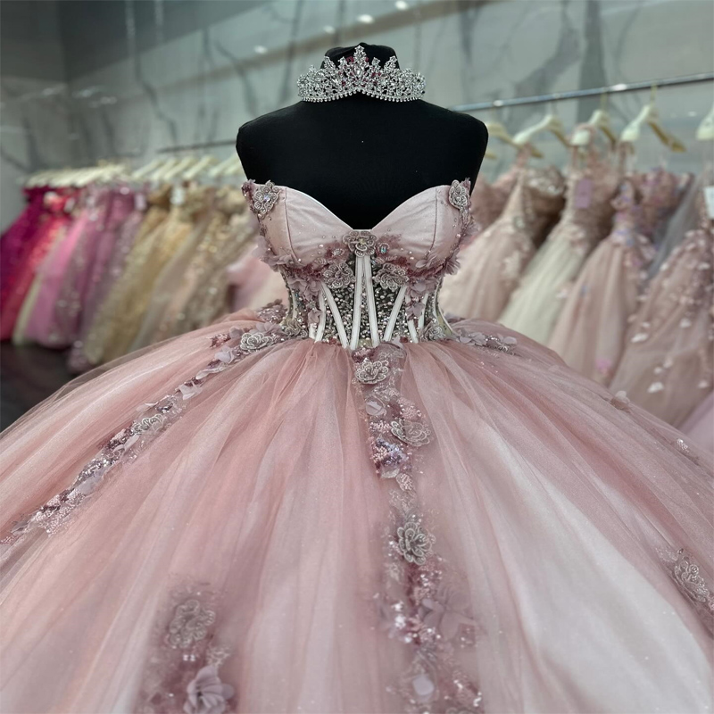 Pink Ball Gown Quinceanera Dress 2024 3D Floral Appliques Beads Princess Tulle Vestidos De 15 Anos Birthday Party Sweet 16 Dress