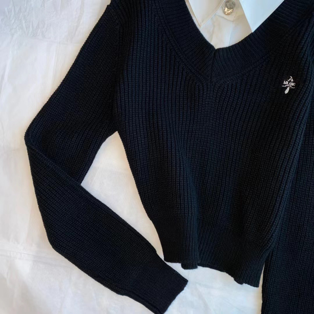 Designer Knitwear Classic Chic Lettres Jacquard Automne et hiver Femme polyvalente col polo unique faux deux pièces tricots