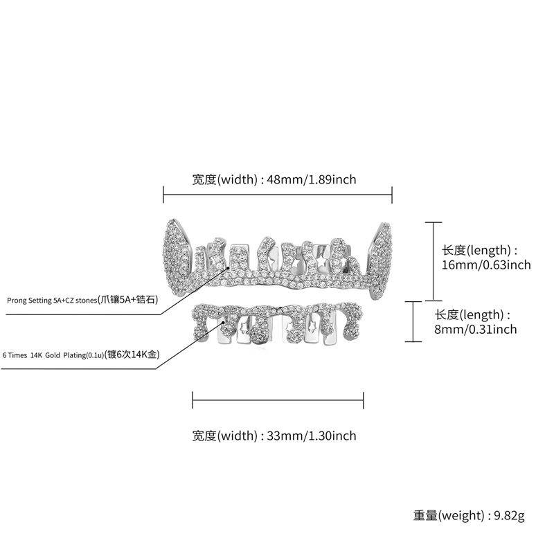 Prothèses dentaires personnalisées en forme de goutte d'eau, grilles avec bretelles irrégulières remplies de diamants plaquées avec de véritables dents en or