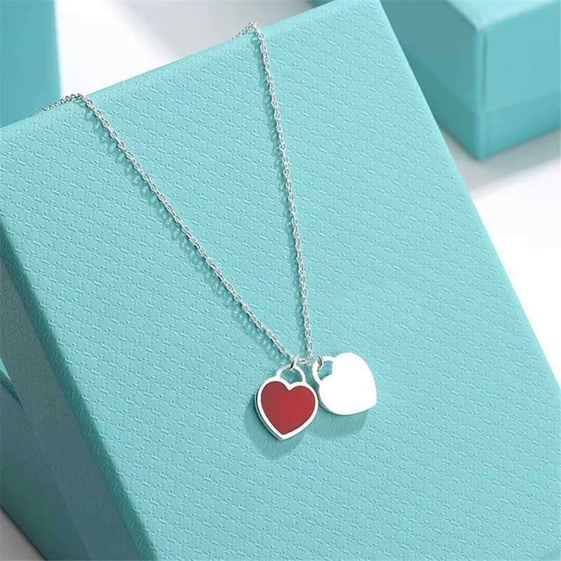 Iovo Designer Tiffanyset Pendentif Colliers Haute Edition t Accueil Émail Double Coeur Collier 925 Sterling Argent Amour Bleu Rose Rouge Collier En Forme De Coeur Chaîne Li