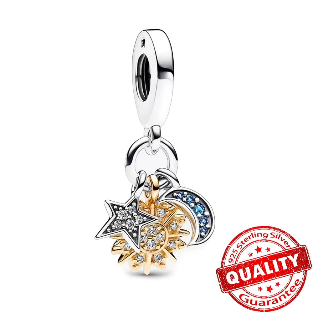 Original 925 Sterling Silver Sun Moon Star Triple Celestial Dangle Charm Fit Pan Bracelet Bangle Fine Jewelry DIY
