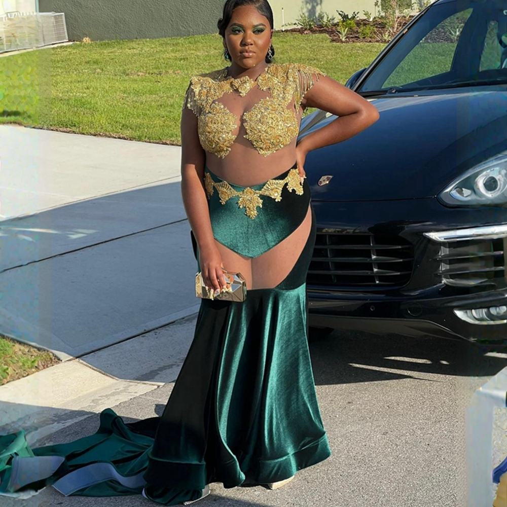 Hunter Green Velvet Prom Dresses Plus Size Illusion Sexig sjöjungfru Lace Formella kvällstillfällen klänningar för afrikanska svarta kvinnor födelsedagsfestklänning engagemang NL420