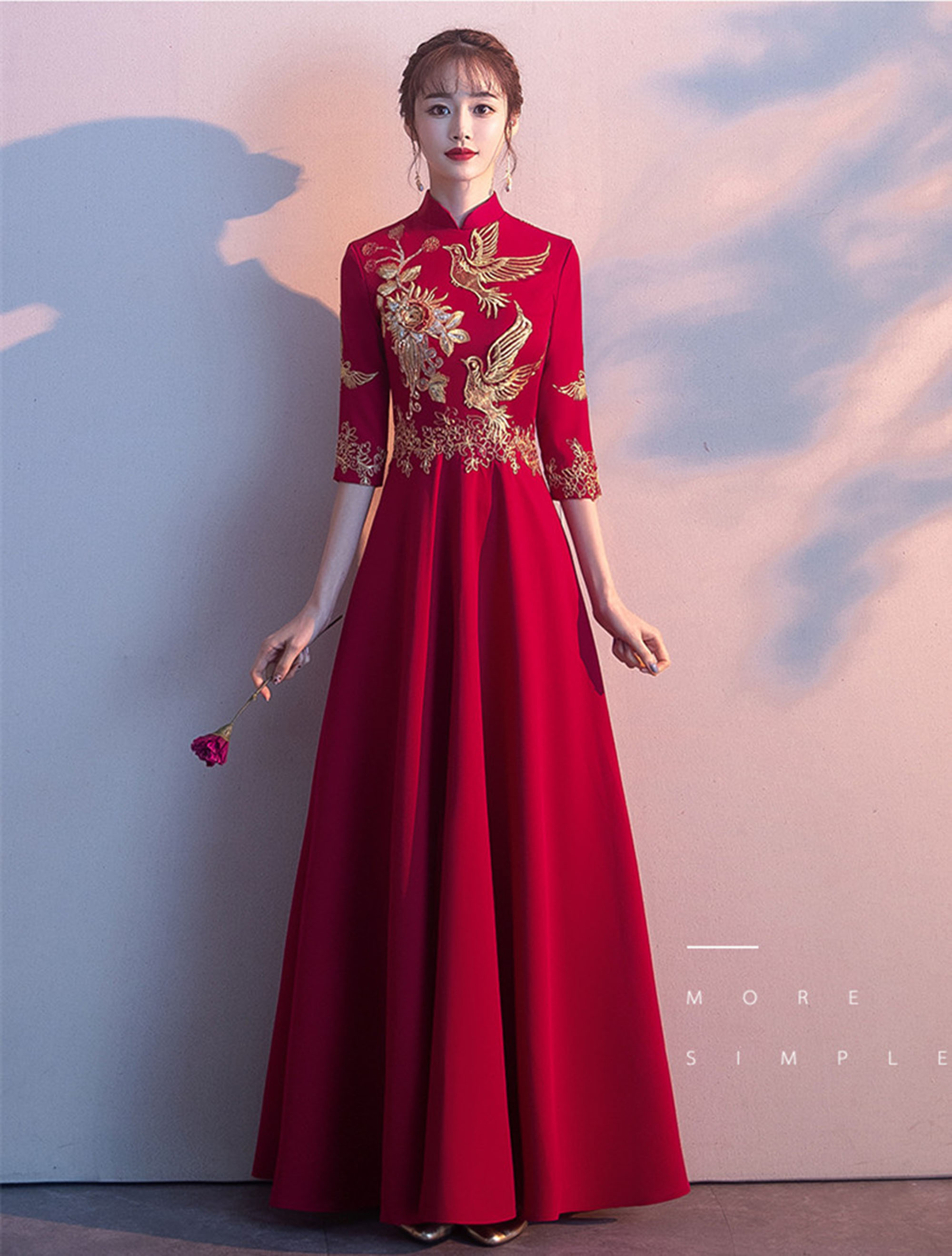 Vin rouge longue mariée chinoise Cheongsam robe de mariée une ligne femmes chinois cérémonie du thé Qipao dame robe de soirée