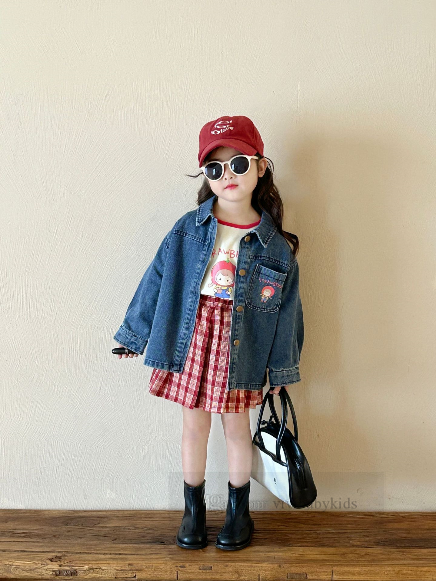 Kids cartoon printed denim jacket boys girls lapel long sleeve baseball uniform 2024 spring children plaid pleated skirt Z6585