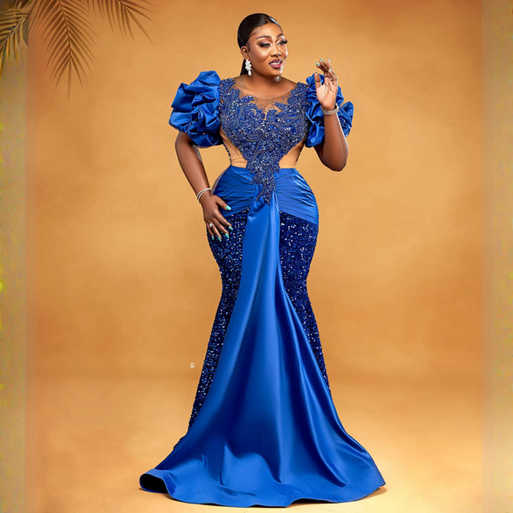 Королевский синий плюс размер платья выпускного вечера с короткими рукавами Русалка аппликация кружева вечерние платья для чернокожих женщин платье на день рождения обручальное платье NL434